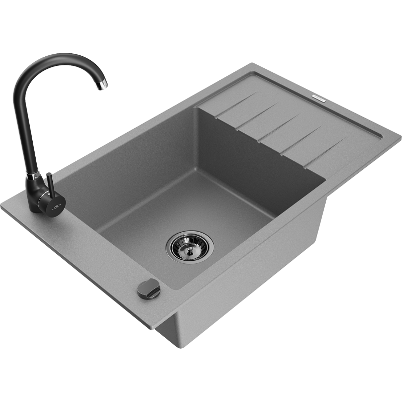 Mexen Elias 1-compartment granite sink with a drip tray and kitchen mixer tap Telma, Grey - 6511-71-670200-70-B