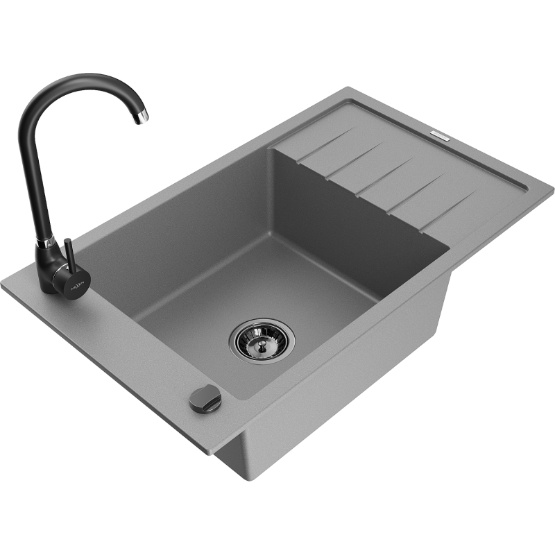 Mexen Elias granite sink 1-bowl with drainer and Telma kitchen faucet, grey - 6511-71-670200-70-B
