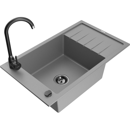 Mexen Elias granite sink 1-bowl with drainer and Telma kitchen faucet, grey - 6511-71-670200-70-B