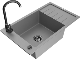 Mexen Elias 1-Bowl Granite Sink with Drainer and Telma Kitchen Faucet, Gray - 6511-71-670200-70-B