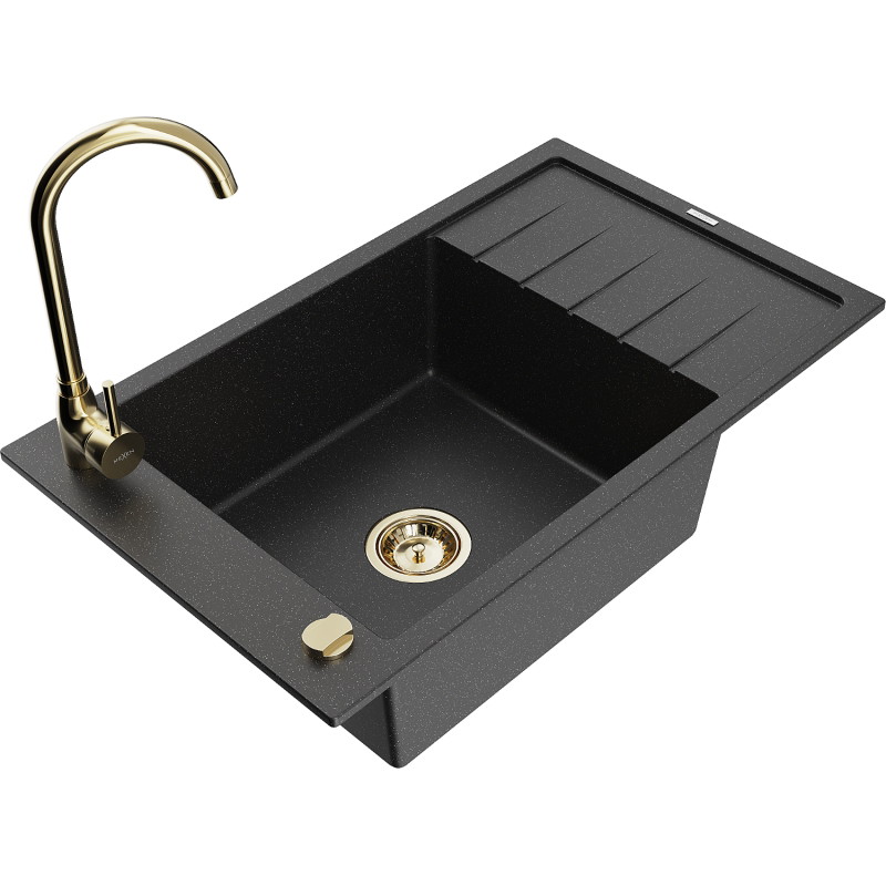 Mexen Elias Granite Kitchen Sink 1-Bowl with Drainer and Telma Faucet, Black/Silver - 6511-73-670200-50