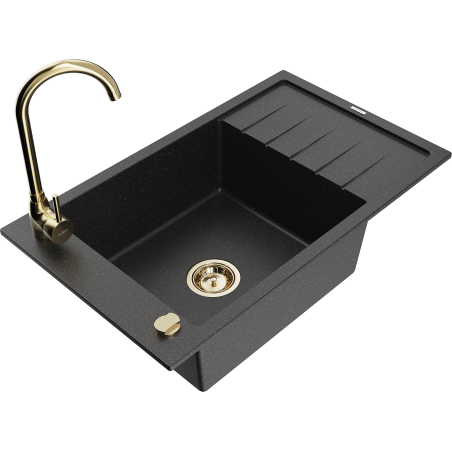 Mexen Elias Granite Kitchen Sink 1-Bowl with Drainer and Telma Faucet, Black/Silver - 6511-73-670200-50