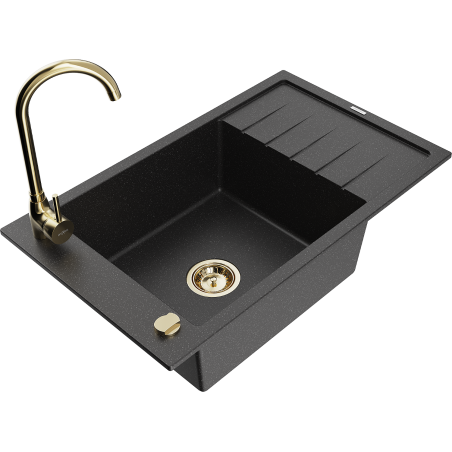 Mexen Elias granite kitchen sink 1-bowl with drainer and Telma kitchen tap, black/silver - 6511-73-670200-50