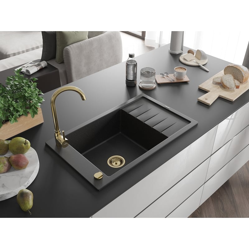 Mexen Elias granite sink 1-bowl with drainer and kitchen faucet Telma, black/silver - 6511-73-670200-50