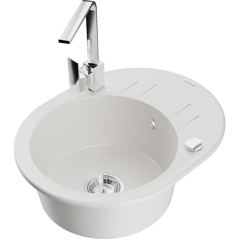 Mexen Kevin granite kitchen sink 1-bowl with drainer and Rita kitchen faucet, white - 6517-20-670300-00