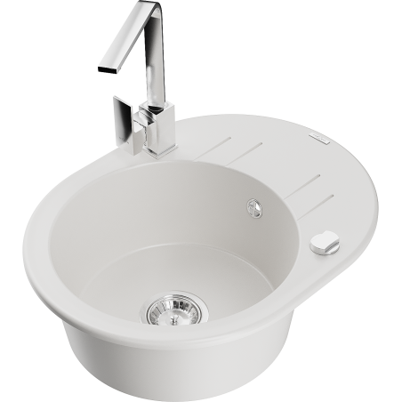 Mexen Kevin 1-bowl granite sink with drainer and Rita kitchen faucet, white - 6517-20-670300-00