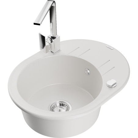 Mexen Kevin granite kitchen sink 1-bowl with drainer and Rita kitchen faucet, white - 6517-20-670300-00