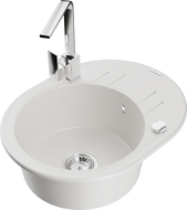 Mexen Kevin 1-bowl granite sink with drainer and Rita kitchen faucet, white - 6517-20-670300-00