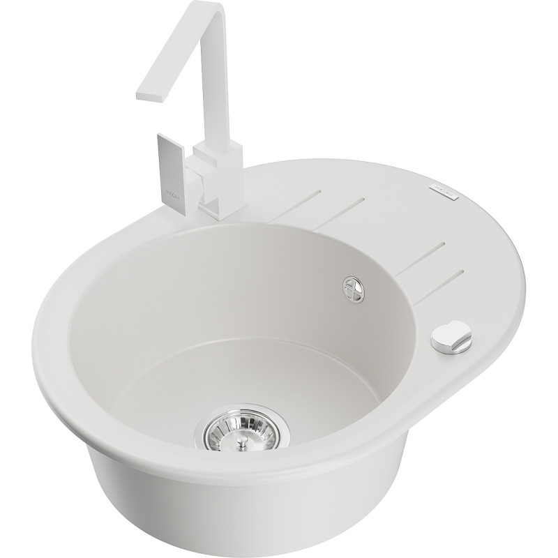 Mexen Kevin 1-bowl granite sink with drainer and kitchen faucet Rita, white - 6517-20-670300-20