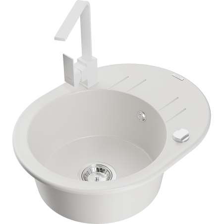 Mexen Kevin 1-compartment granite sink with a drip tray and kitchen mixer tap Rita, White - 6517-20-670300-20