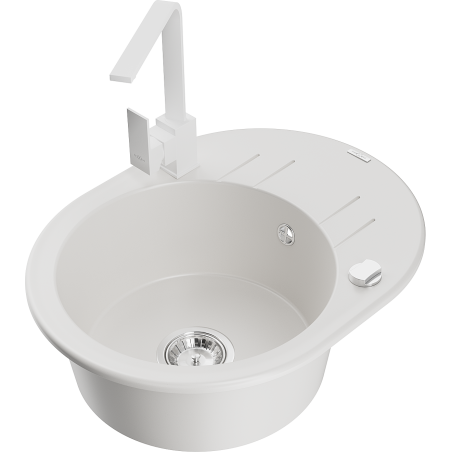 Mexen Kevin granite sink 1-bowl with drainer and Rita kitchen tap, white - 6517-20-670300-20