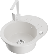 Mexen Kevin granite sink 1-bowl with drainer and Rita kitchen tap, white - 6517-20-670300-20