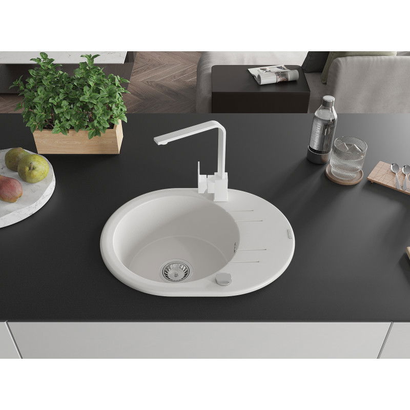 Mexen Kevin granite sink 1-bowl with drainer and Rita kitchen tap, white - 6517-20-670300-20