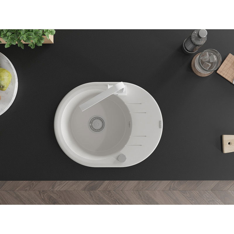 Mexen Kevin granite sink 1-bowl with drainer and Rita kitchen tap, white - 6517-20-670300-20