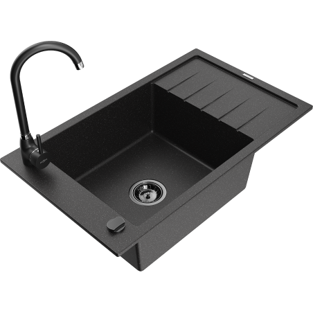 Mexen Elias 1-compartment granite sink with a drip tray and kitchen mixer tap Telma, Black/Silver - 6511-73-670200-70-B