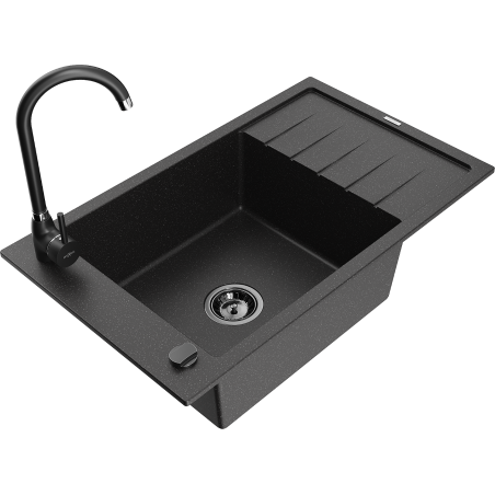 Mexen Elias Granite Kitchen Sink 1-Bowl with Drainboard and Kitchen Faucet Telma, Black/Silver - 6511-73-670200-70-B