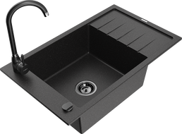 Mexen Elias 1-bowl granite sink with drainer and Telma kitchen tap, black/silver - 6511-73-670200-70-B