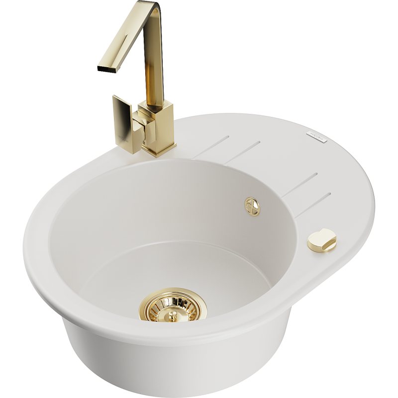 Mexen Kevin 1-compartment granite sink with a drip tray and kitchen mixer tap Rita, White - 6517-20-670300-50