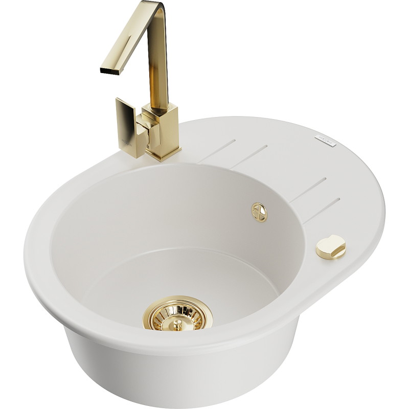 Mexen Kevin granite sink 1-bowl with drainer and kitchen faucet Rita, white - 6517-20-670300-50
