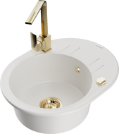 Mexen Kevin 1-compartment granite sink with a drip tray and kitchen mixer tap Rita, White - 6517-20-670300-50