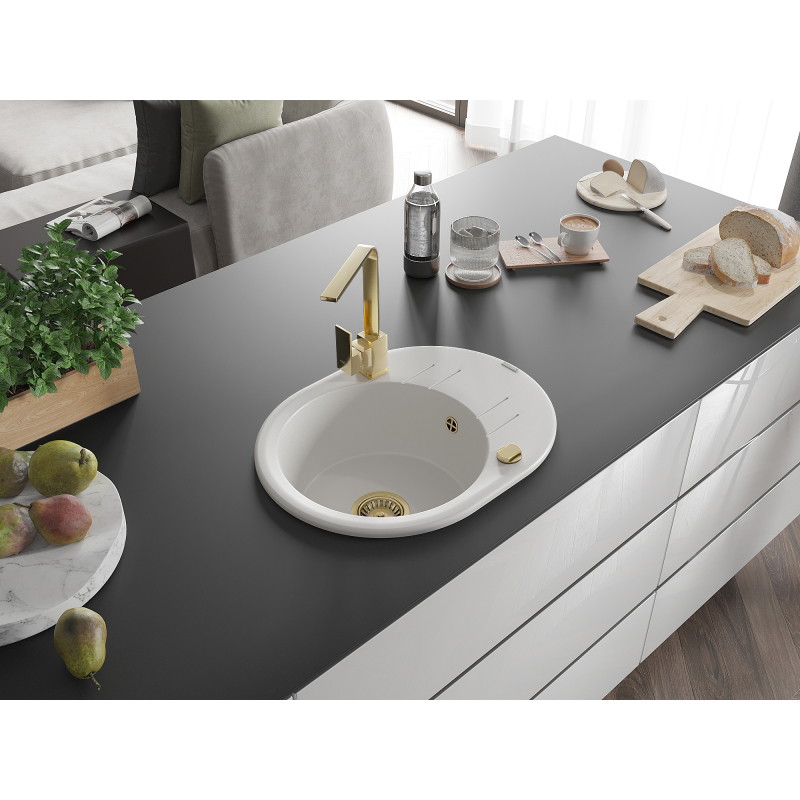 Mexen Kevin granite sink 1-bowl with drainer and kitchen faucet Rita, white - 6517-20-670300-50