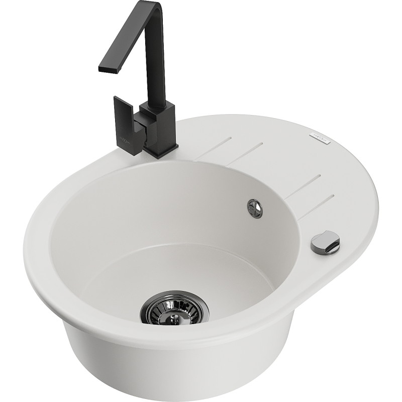 Mexen Kevin 1-bowl granite sink with drainer and Rita kitchen faucet, white - 6517-20-670300-70