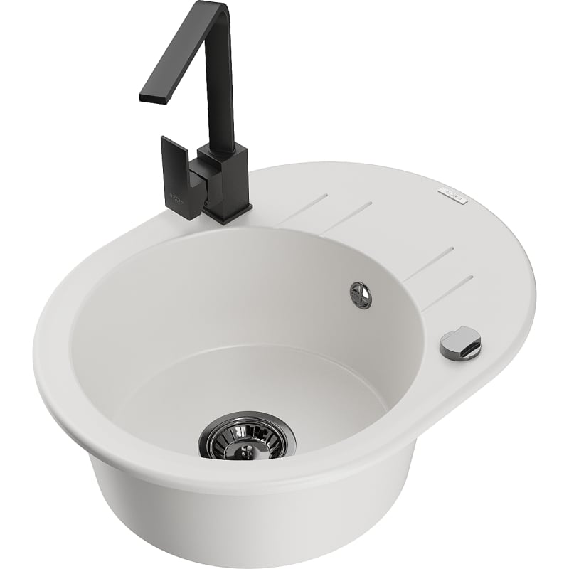 Mexen Kevin Granit sink 1-bowl with drainer and Rita kitchen faucet, white - 6517-20-670300-70