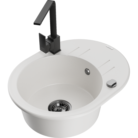 Mexen Kevin 1-bowl granite sink with drainer and Rita kitchen faucet, white - 6517-20-670300-70