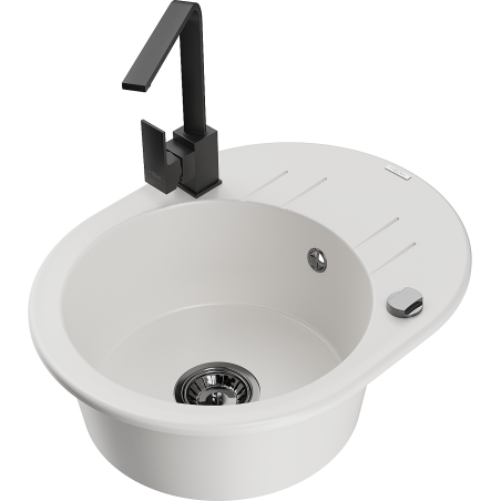Mexen Kevin 1-compartment granite sink with a drip tray and kitchen mixer tap Rita, White - 6517-20-670300-70