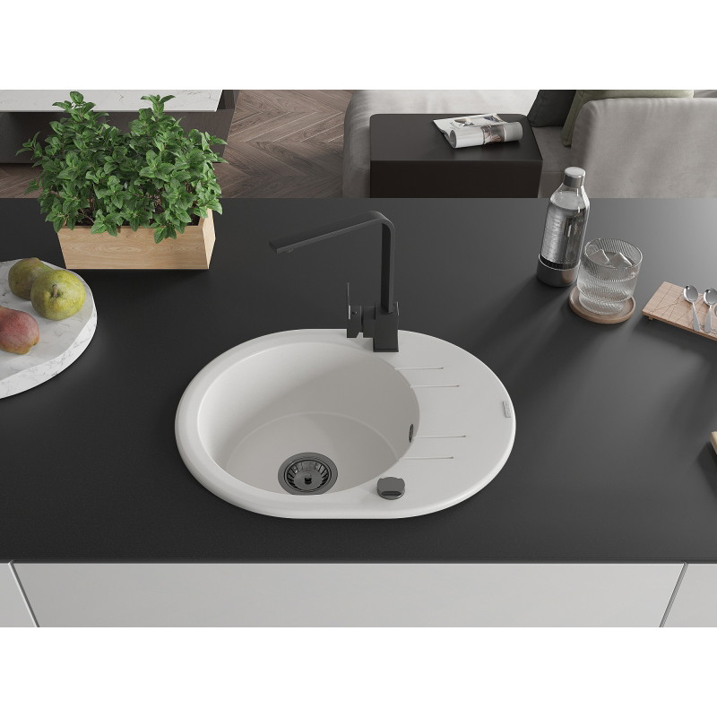 Mexen Kevin 1-bowl granite sink with drainer and Rita kitchen faucet, white - 6517-20-670300-70
