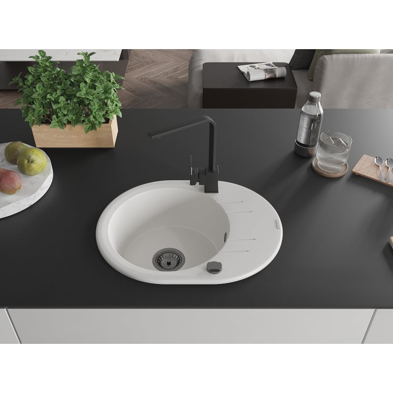 Mexen Kevin Granit sink 1-bowl with drainer and Rita kitchen faucet, white - 6517-20-670300-70