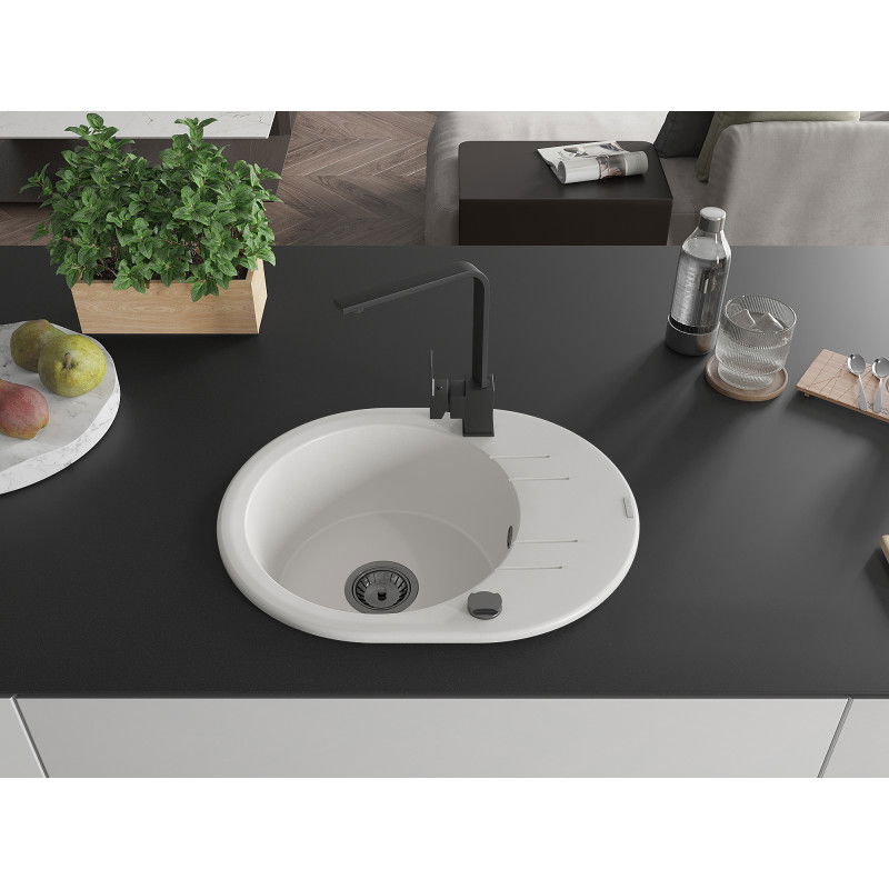 Mexen Kevin granite kitchen sink 1-bowl with drainer and Rita kitchen tap, white - 6517-20-670300-70