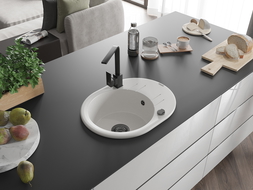 Mexen Kevin granite kitchen sink 1-bowl with drainer and Rita kitchen tap, white - 6517-20-670300-70