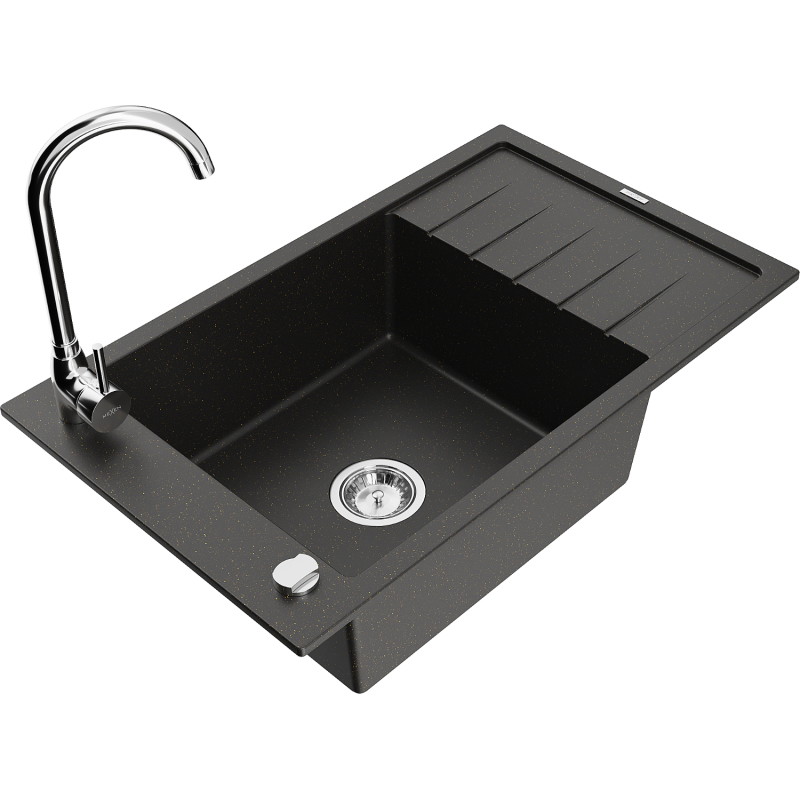 Mexen Elias granite kitchen sink 1-bowl with drainer and Telma kitchen faucet, black/gold - 6511-75-670200-00