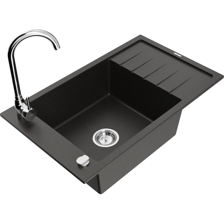 Mexen Elias granite kitchen sink 1-bowl with drainer and Telma kitchen faucet, black/gold - 6511-75-670200-00