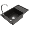 Mexen Elias 1-bowl granite sink with drainer and Telma kitchen faucet, black/gold - 6511-75-670200-00