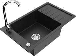 Mexen Elias 1-bowl granite sink with drainer and Telma kitchen faucet, black/gold - 6511-75-670200-00