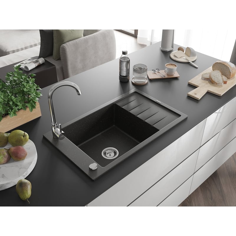Mexen Elias granite kitchen sink 1-bowl with drainer and Telma kitchen faucet, black/gold - 6511-75-670200-00