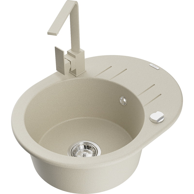 Mexen Kevin beige granite kitchen sink with drainer and Rita faucet, single-bowl - 6517-69-670300-69