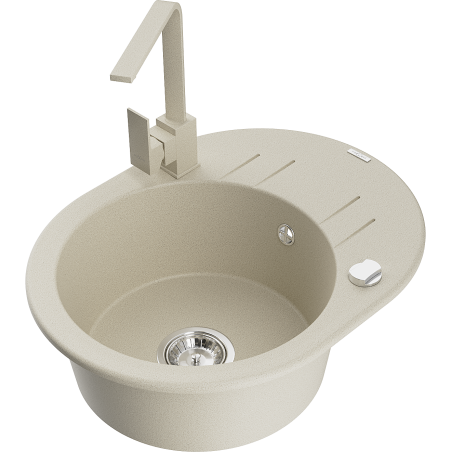 Mexen Kevin 1-bowl granite sink with drainer and Rita kitchen faucet, beige - 6517-69-670300-69