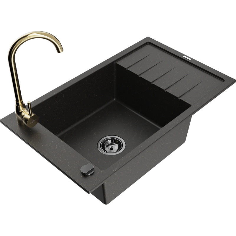 Mexen Elias granite single-bowl sink with drainer and kitchen faucet Telma, black/gold - 6511-75-670200-50-B