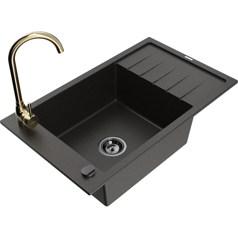 Mexen Elias granite sink 1-bowl with drainer and Telma kitchen tap, black/gold - 6511-75-670200-50-B