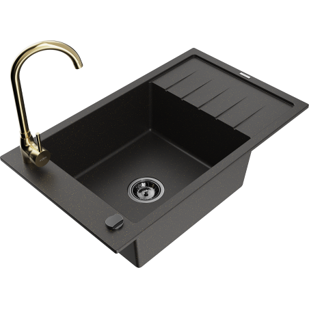 Mexen Elias granite single-bowl sink with drainer and kitchen faucet Telma, black/gold - 6511-75-670200-50-B