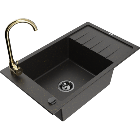 Mexen Elias granite sink 1-bowl with drainer and Telma kitchen tap, black/gold - 6511-75-670200-50-B
