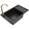 Mexen Elias granite sink 1-bowl with drainer and Telma kitchen tap, black/gold - 6511-75-670200-50-B