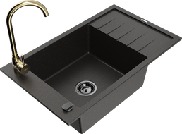 Mexen Elias granite sink 1-bowl with drainer and Telma kitchen tap, black/gold - 6511-75-670200-50-B