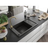 Mexen Elias granite kitchen sink 1-bowl with drainer and Telma kitchen faucet, black/gold - 6511-75-670200-50-B