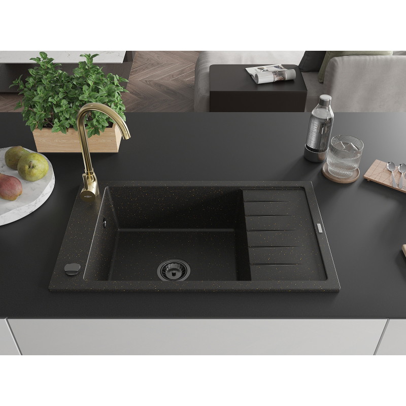 Mexen Elias granite kitchen sink 1-bowl with drainer and Telma kitchen faucet, black/gold - 6511-75-670200-50-B