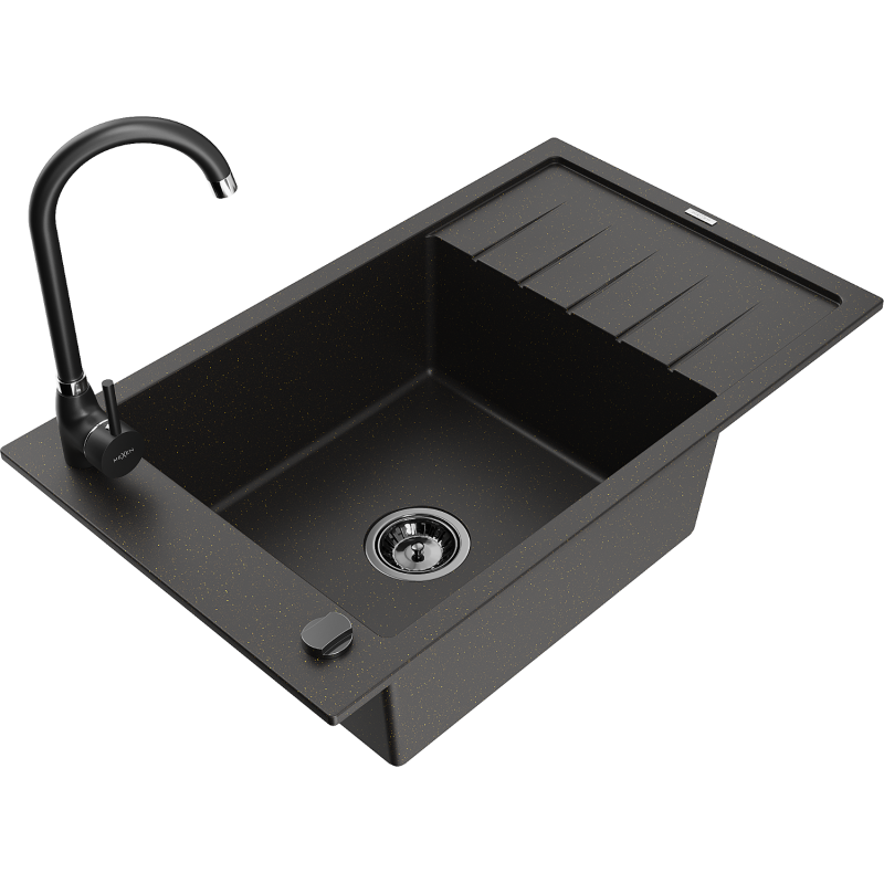 Mexen Elias 1-compartment granite sink with a drip tray and kitchen mixer tap Telma, Black/Gold - 6511-75-670200-70-B