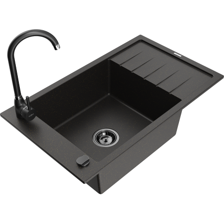 Mexen Elias 1-bowl granite sink with drainer and Telma kitchen faucet, black/gold - 6511-75-670200-70-B